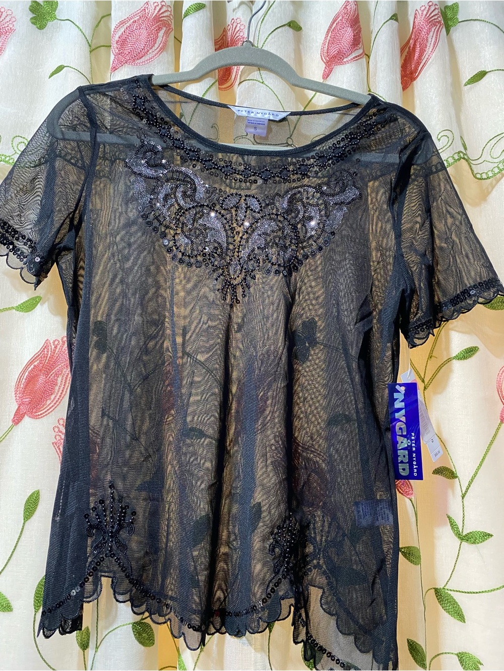 Peter Nygard Black Sheer Beaded Lace Top